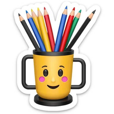 black pen holder cup with pencils and pens inside, emoji style sticker