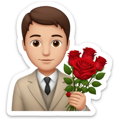 Un homme blanc brun pas en costard qui donne un bouquet de roses dans la main sticker