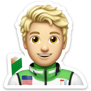 18 year old blonde boy ski racing World Cup with slalom poles wearing a bib that says Rowmark. sticker