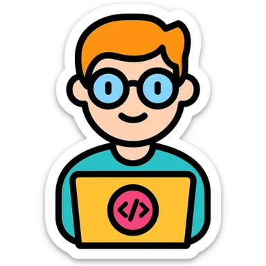IT nerd with glasses using a laptop, playful, modern icon style, colorful lineal icon with black outlines sticker