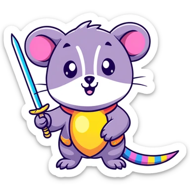 A colorful possum holding a glittery sword, rainbow sparkles, vibrant neon colors, cute big eyes, with stars and hearts background sticker