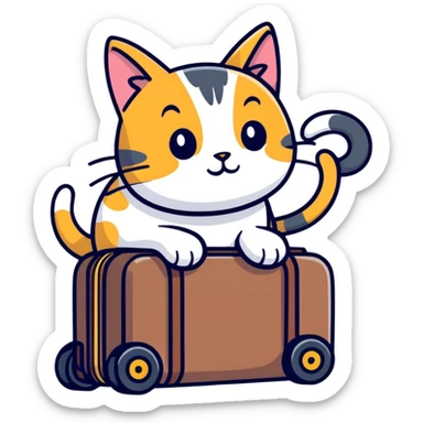 Cat riding a motorized suitcase with wheels sticker
