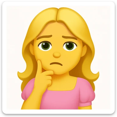 Create an iOS emoji style image of a blonde with long hair, green swamp eyes, and a pink pastel dress with a thoughtful expression. Keep all facial features, clothes, and hairstyle from the reference image. sticker