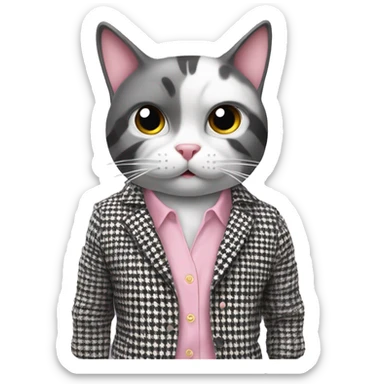 The cat is wearing a stylish black and white houndstooth jacket and light pink pants. Its facial expression is surprised or concerned, with eyes wide open and mouth curved downward. The background should be plain white to emphasize the character. sticker