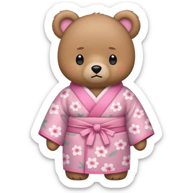 A cute light-brown bear wearing a pastel pink sakura-patterned kimono, normal balanced body ratio.  
Arms crossed with a slight pout, daring “wanna get scolded?” expression.  
Kawaii emoji style, minimalistic clean sticker illustration, white background.
 sticker