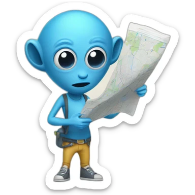 blue skinny tall alien wearing a fanny pack and holding a map sticker
