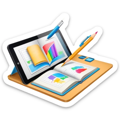 Colourfull Illustration icon, pencil, paintbrush, gel pen, graphic tablet or monitor with digital illustration, open book with sketches, minimalistic style, clean lines, transparent background. sticker