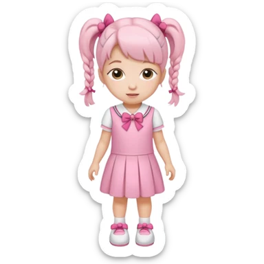 small girl wearing pink student uniform, white dress, white shoes and a bow on her pigtail hair sticker