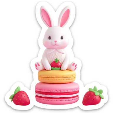 A cute bunny sitting on a pink macaron with strawberries sticker
