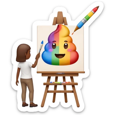 artist painting a rainbow poop emoji on an easel sticker