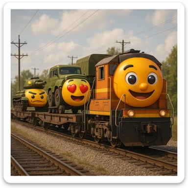 Create a highly realistic image of an ordinary cargo train transporting military equipment such as tanks and trucks, in a classic emoji style. This is variant 2. sticker