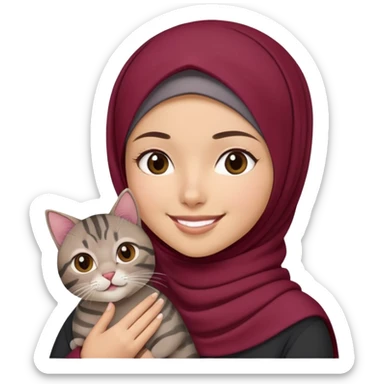 Asian White girl wearing maroon hijab holding a black grey tabby cat while smiling.  sticker