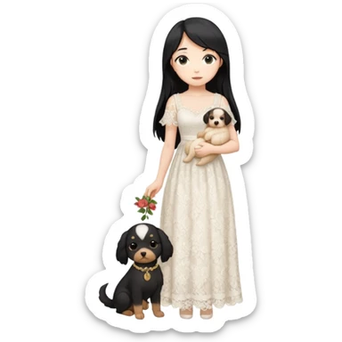 Pastel anime lady long hair with long lace dress full body holding puppy sticker