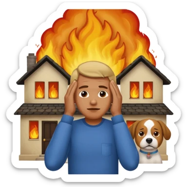 a man stands with his hands on his head, a house on fire behind him, with a pet dog beside him, apple style emoji sticker