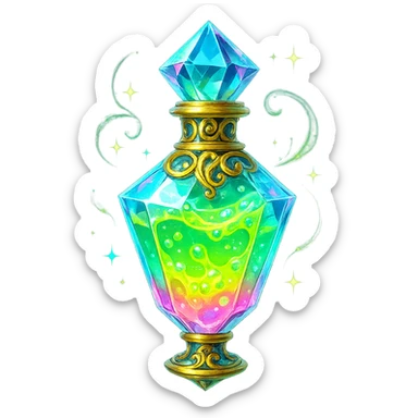 very luxurious crystal liquid glowing slime style elixir bottle, bright colors, lots of shine, edges, ornaments, golden details, magical effects, very small golden neck, transparent background, beautiful seamless bottom, bottle clearly floating in air, no base or shadow, premium class, playful, matching collection sticker
