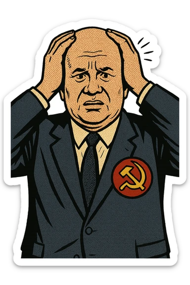 Soviet leader Khrushchev facing forward. He is wearing a suit with a large communist badge on his chest with his hands on his head looking worried. sticker