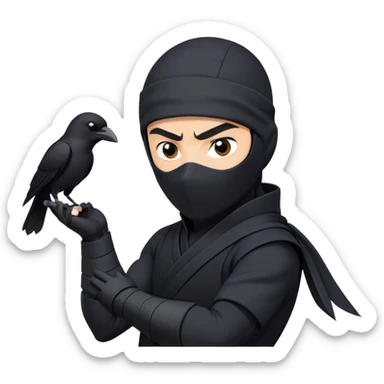 clash-of-clans-aesthetic_-cinematic-mysterious-male-ninja-portrait-emoji, rendered in a flat, vector-style with minimal shading and bold, simplified shapes, with a head slightly turned revealing intense, focused eyes. the ninja has his arm out and perched on top of his forarm is  a black crow sticker