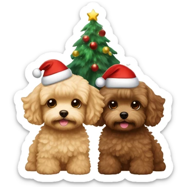 Brown, beige colored Maltipoo with Christmas hat and Christmas tree Christmas lights and a brown haired boy and blond long haired girl in the background  sticker