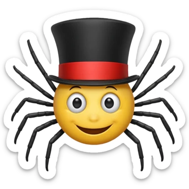 Make a yellow smile face emoji with a red top hat and a spider on one of the eyes sticker