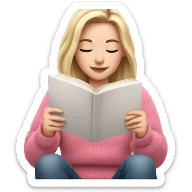 Pretty white girl with pink sweater reading cozy sticker