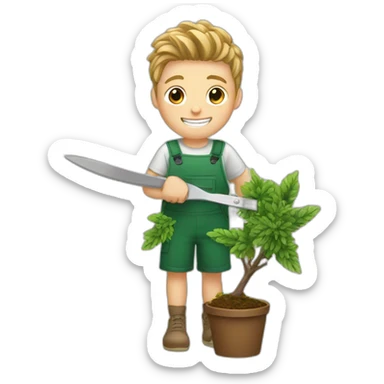 white kid trimming a decorative bush sticker