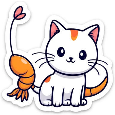 A cute hybrid creature with a shrimp body and tail but a cat's head with whiskers and ears sticker