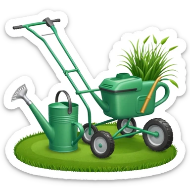 Lawn mower, rake, and watering can grouped together with a few grass clippings sticker