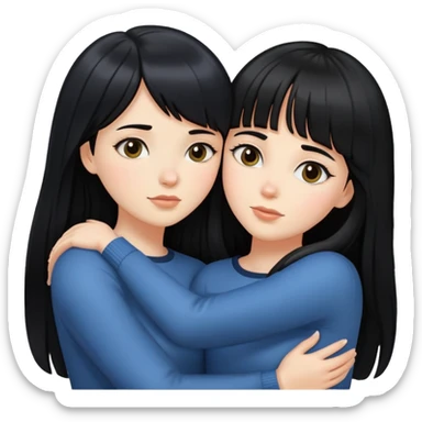 two white girls with long black hair hugging each other, one with bangs sticker