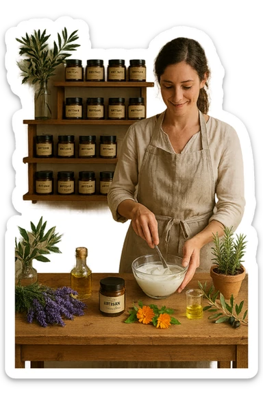 A realistic, high-quality photo of a small artisan skincare laboratory in Italy, with wooden shelves displaying beautifully packaged glass jars of natural creams made with herbal and botanical extracts, olive oil, and essential oils, clearly labeled ‘100% Natural’ and ‘Artisan Made in Italy’. The scene includes a bright, sunlit rustic workspace with plants, fresh lavender, rosemary, calendula flowers, and olive branches on the wooden counter, symbolizing purity and nature. A female artisan in a linen apron is carefully mixing creams in a glass bowl, smiling softly. The environment feels warm, authentic, and eco-friendly, emphasizing the concept of handcrafted skincare without synthetic chemicals sticker