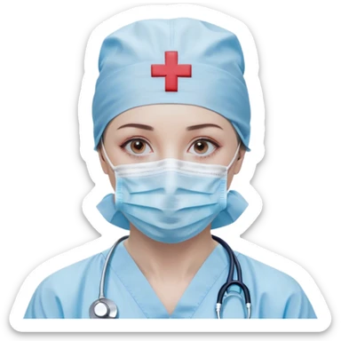 "A minimalistic bust of a surgeon wearing a light blue surgical cap and mask, covering the lower half of the face. The eyes are simple yet expressive, conveying focus and professionalism. The figure is dressed in a smooth, clean surgical gown with a small red cross emblem on the chest. A thin, simplified stethoscope drapes around the neck. The background features a subtle, abstract medical symbol like a heartbeat line or a small scalpel icon. The design is sleek and modern, with smooth lines and soft shading, following a minimalist emoji style sticker