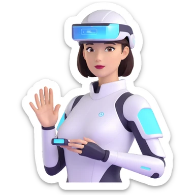 human-like female autonomous AI agent, wearing a visor, holding a holographic interface, futuristic and approachable sticker