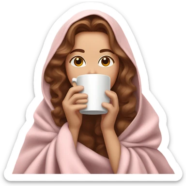 White girl with brown wavy hair drinking coffee inside a light pink blanket  sticker