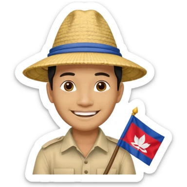 Cambodian man Tourist Guide with small cambodian flag in hand and traditional cambodian hat sticker