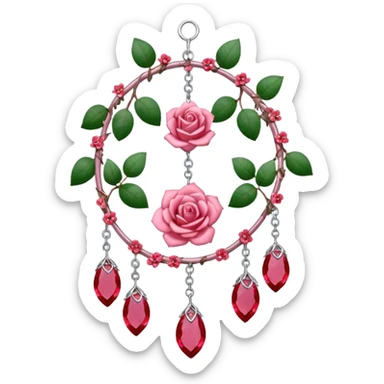 Rose-pink-metal-chained rose-quartz-crystallic romantic delicate fine pretty suncatcher  with tiny red roses, silvery vines, tiny quartz crystals, sticker