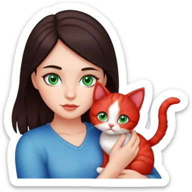A girl with dark hair and green eyes is holding a red kitten with blue eyes sticker