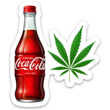 Curved red glass bottle similar to Coca-Cola style with a green cannabis leaf printed on it and a label sticker
