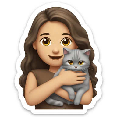 A girl with long brown hair and a grey fluffy cat is lying in her hands sticker