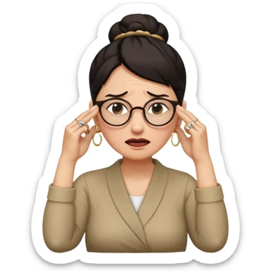  middle aged woman with dark hair pulled up in a high bun, wearing round ring earrings and glasses with a very painful expression on her face, eyes squeeed shut, wincing in pain,covering her ears with her hands, trying to not hear a terribly loud noise sticker