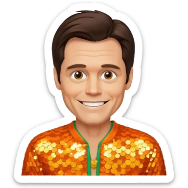 Jim Carrey with dark brown hair, orange sequin outfit sticker