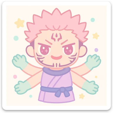Sukuna from Jujutsu Kaisen, menacing expression, four arms, facial markings, anime style sticker