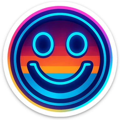 smiley face emoji in vibrant toon style with Tron 80's color palette and glowing effects sticker