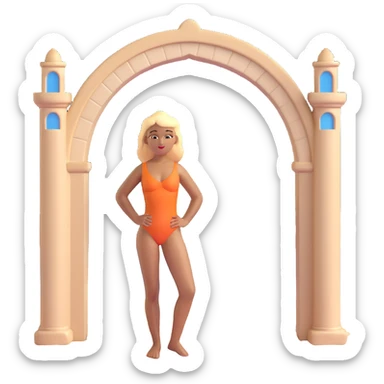 blonde woman with straight hair and light brown skin, with the three iconic Atalaia Beach arches in the background (Aracaju-SE, Brazil), middle arch taller with round tops, made of tiles sticker