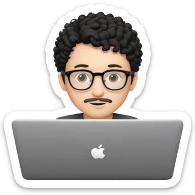 A young boy DEVELOPER WITH A laptop, black curly short hair, wearing glasses, a thin goatee, his skin is white sticker