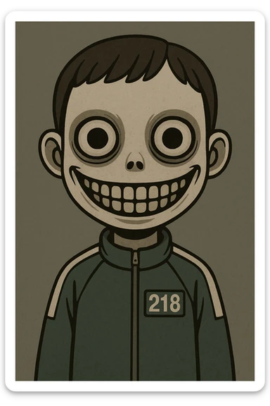 scary boy doll with a wide, unsettling smile, inspired by Squid Game, in a minimalist, unsettling cartoon style sticker