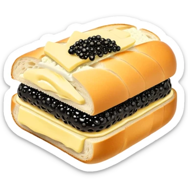 Apple style 3D emoji of a luxurious black caviar sandwich. A thick slice of fresh white baguette with a generous layer of creamy yellow butter, topped with a mountain of glistening, shiny black sturgeon caviar. premium aesthetic. sticker