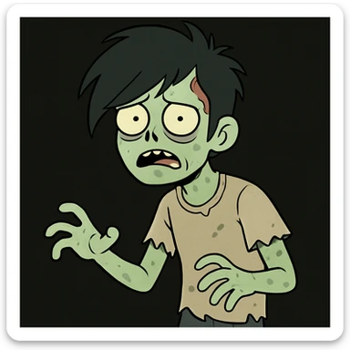 zombie boy with black emo hair on a black background, cartoon style sticker
