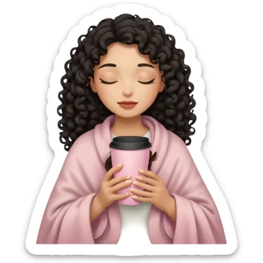 woman with medium sand tone, black long 3b curls, closed eyes, feminine face, holding soft pink coffee cup with beige blanket over shoulders sticker