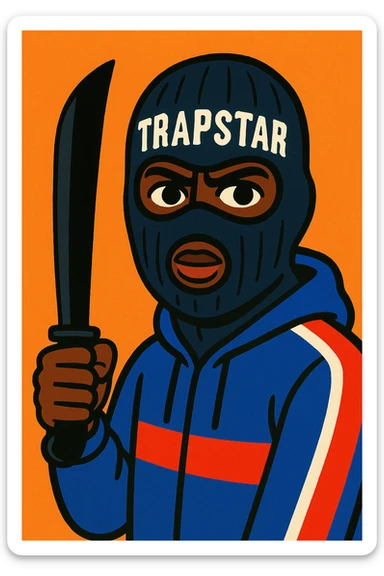 Black person with English appearance wearing a Trapstar balaclava, holding a black machete knife sticker