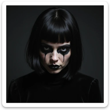 BLACKPINK inspired goth emoji, photorealistic style, black velvet, heavy black makeup, shadowy lighting, intense expression sticker