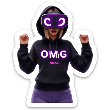 Russian girl wearing black hoody with violet letters "OMG", in vr headset oculus quest2. Dancing. Cyberpunk style. Violet neon. sticker